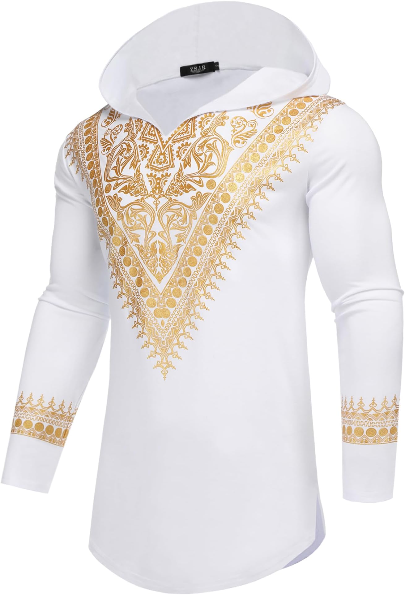 ZSJRMens African Dashiki Hooded Shirt Metallic Gold Stamp Printed Hoodie Long Sleeve Shirts Blouse