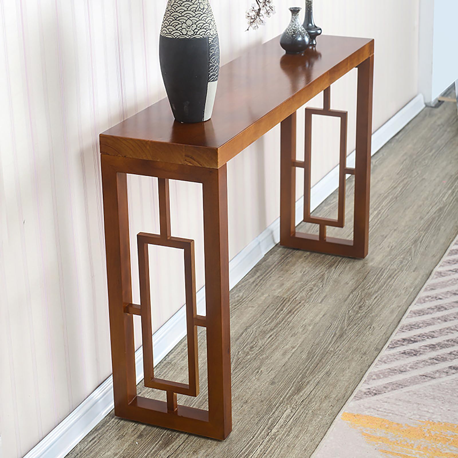 Mesa consola de madera maciza con acabado premium para pasillos