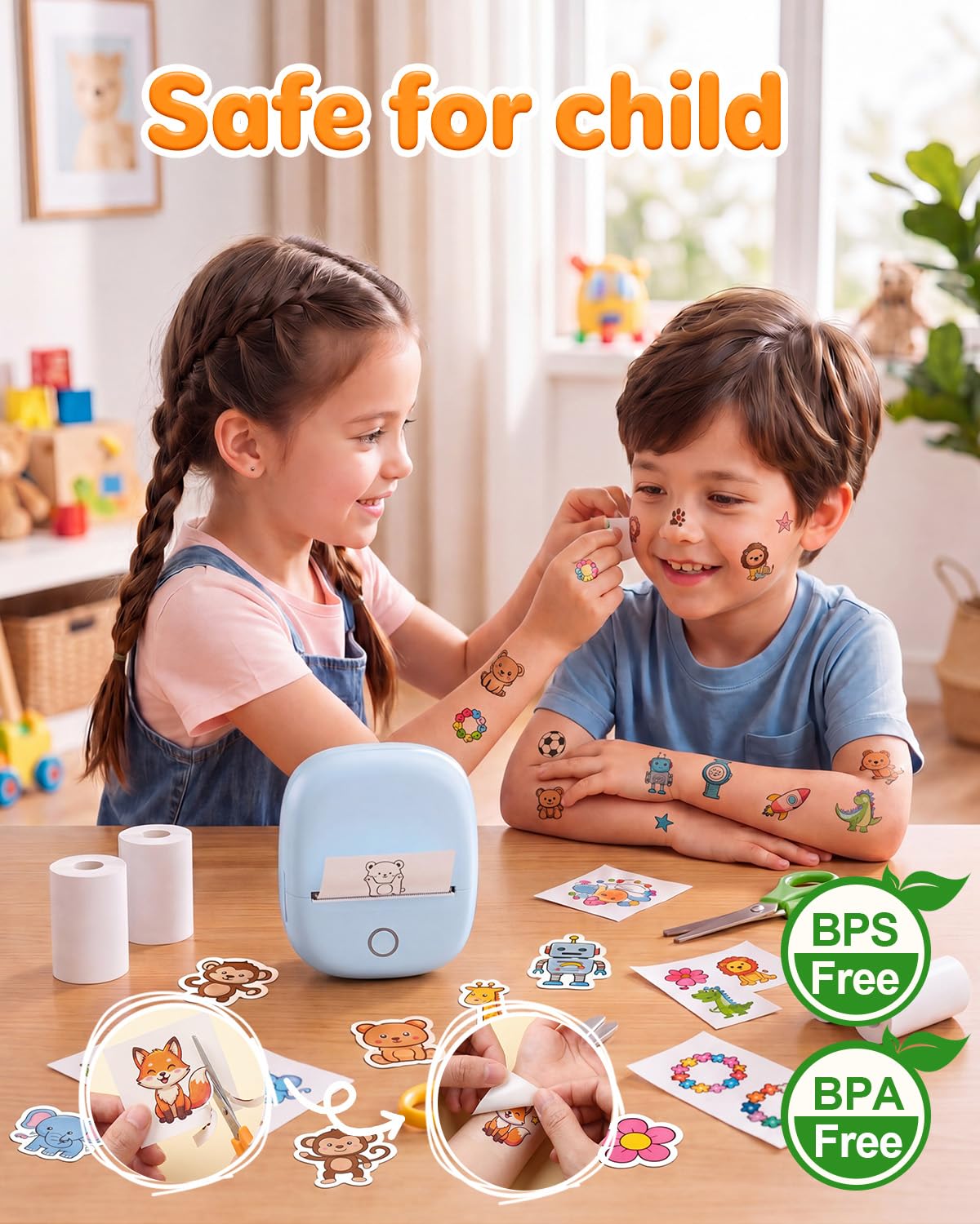 Stampante Tatuaggi per Bambini,Kit Fai da Te Senza Inchiostro con App IA, 40 Fogli per Tattoo e 4 Pennarelli, Giochi Creativi Lavabili Regalo 5-12 Anni (Blu)