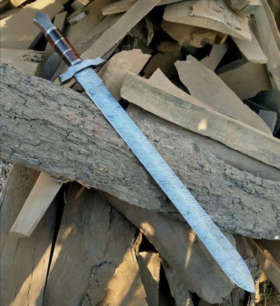 Empire - 32 Inch Long Handmade Damascus Steel Double Edge Viking Sword with Sheath - Wood Grip - Sharpe Edges - Hunting Sword - Hand Forged Broad Sword - Best Gift for Him