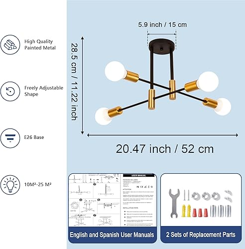 Miniatura 6 de ADFIRAY 360 candelabros Sputnik modernos ajustables, lámpara industrial Sputnik para dormitorio, lámparas colgantes de mediados de siglo con base