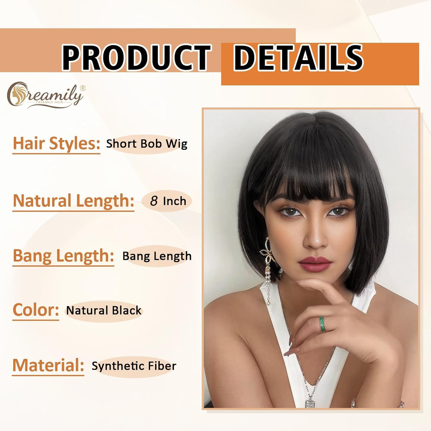 Creamily Black Short Bob Wig,Straight Black Bob Wig with bangs - Image 2