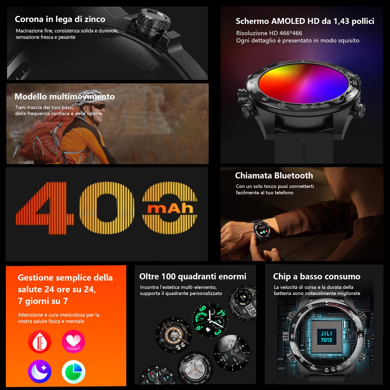 OUFUYU Smartwatch Uomo 1,43" AMOLED HD Display Orologio Intelligente Fitness Chiamate Bluetooth Fitness Tracker 100+ Modalità Sport Sonno Contapassi Cronometro Impermeabil IP68 Smart Watch Android iOS