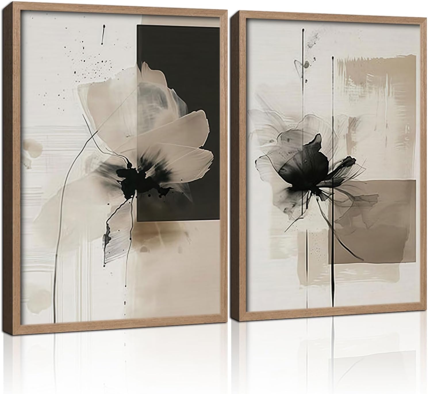 2Pcs Framed Black and White Flower Abstract Wall Art Modern Neutral Canvas Prints Posters Pictures Gallery Wall Decor Living Room Bedroom Office Apartment 16X24 Inch Ready to Hang Black and White Flowers 16"L x 24"W