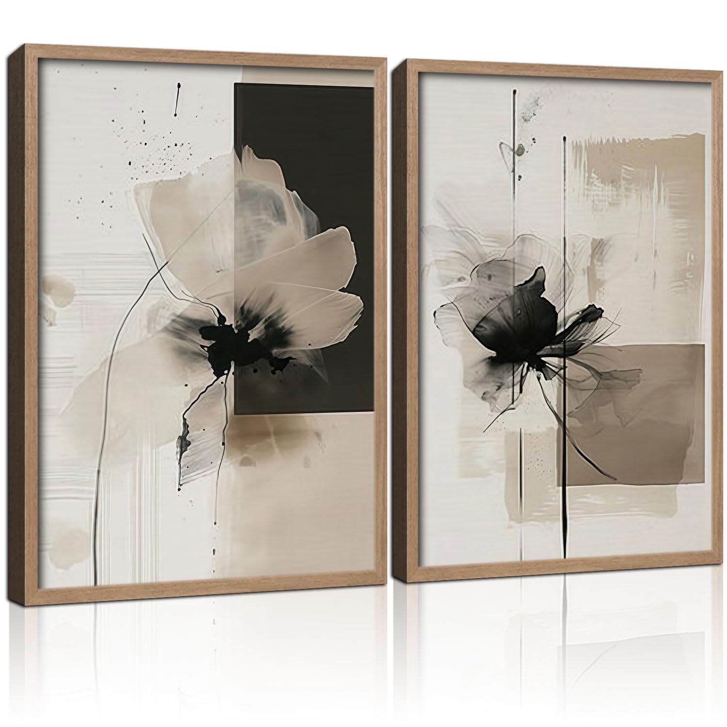 2Pcs Framed Black and White Flower Abstract Wall Art Modern Neutral Canvas Prints Posters Pictures Gallery Wall Decor Living Room Bedroom Office