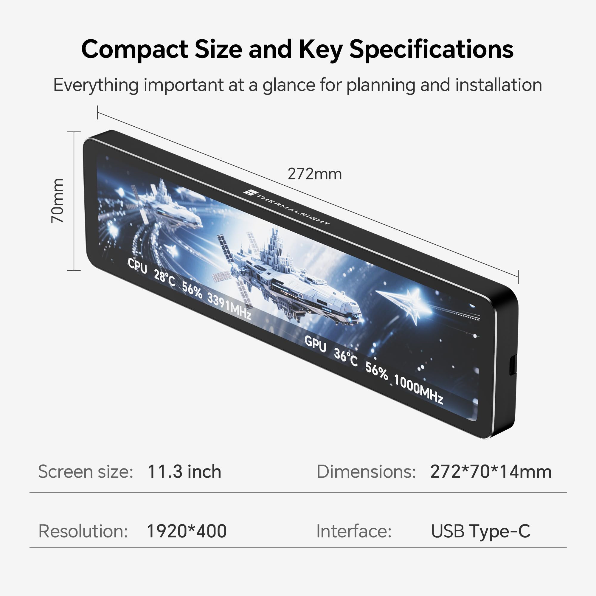 Thermalright Trofeo Vision - Monitor LCD AIO da 11,3", schermo USB Type-C per monitoraggio hardware in tempo reale, temi preimpostati per PC da gaming/CPU Cooler
