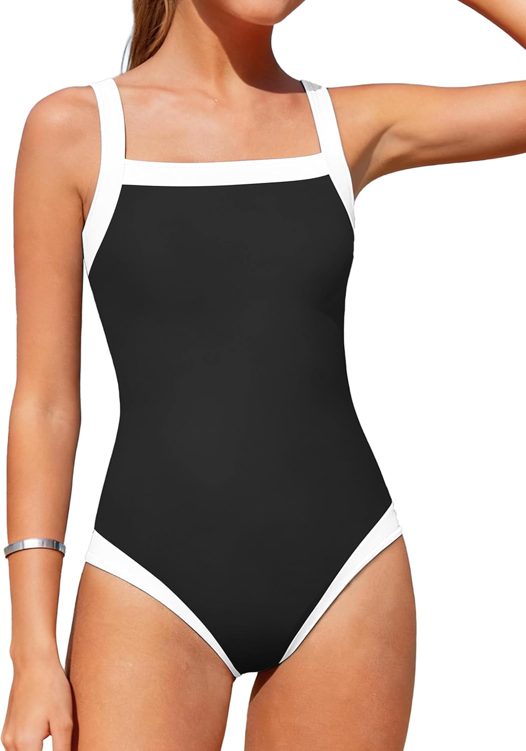 Shallmu Girls Swimsuits Color Block Adjustable Thick Strap One Piece Bathing Suits with Cover Up Skirt Girl's Swimwear 9-16Y