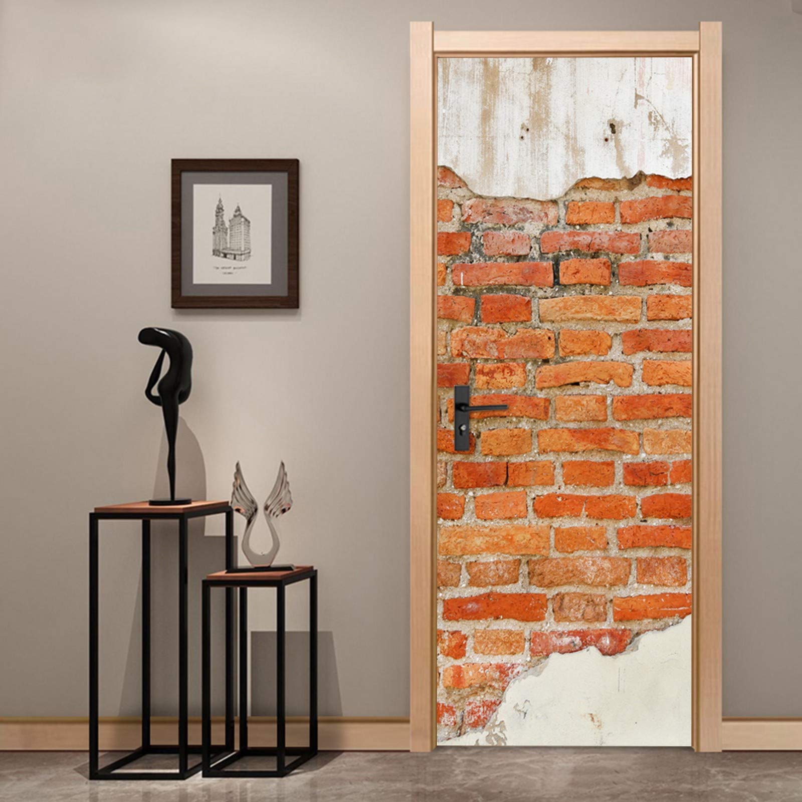 A.Monamour Adesivo Porta Autoadesiva Vecchio Fondo Di Struttura Del Muro Di Mattoni Rossi Vinile PVC Adesivi per Porte Interne 3D Pellicola Adesiva Poster Sticker Murale Carta da Parati