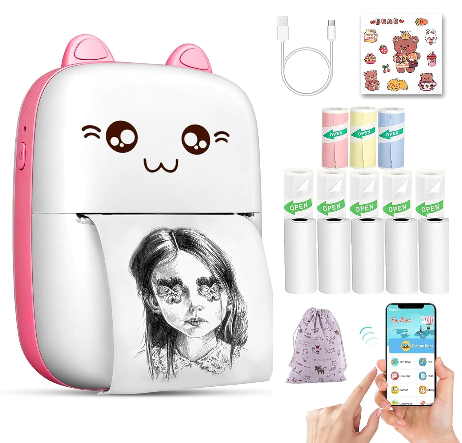 MOROVIK Mini Bluetooth Thermal Printer,(1Year Warranty) Portable Label Printer Inkfree Printer for Android & iOS System, Black on White 5 Roll of Print Paper, Stickers, Pink(Style 6)