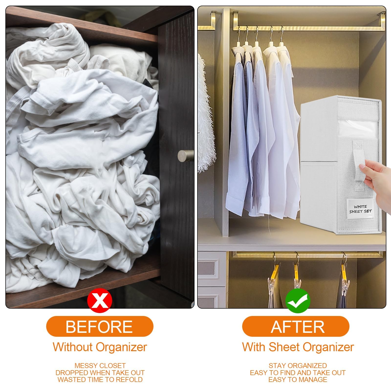 Lot de 4 organiseurs de draps de lit, bacs de rangement pliables en lin avec 2 fenêtres visuelles et poignée, boîte de rangement pour draps et vêtements (blanc), BHSMLQ-UK-9