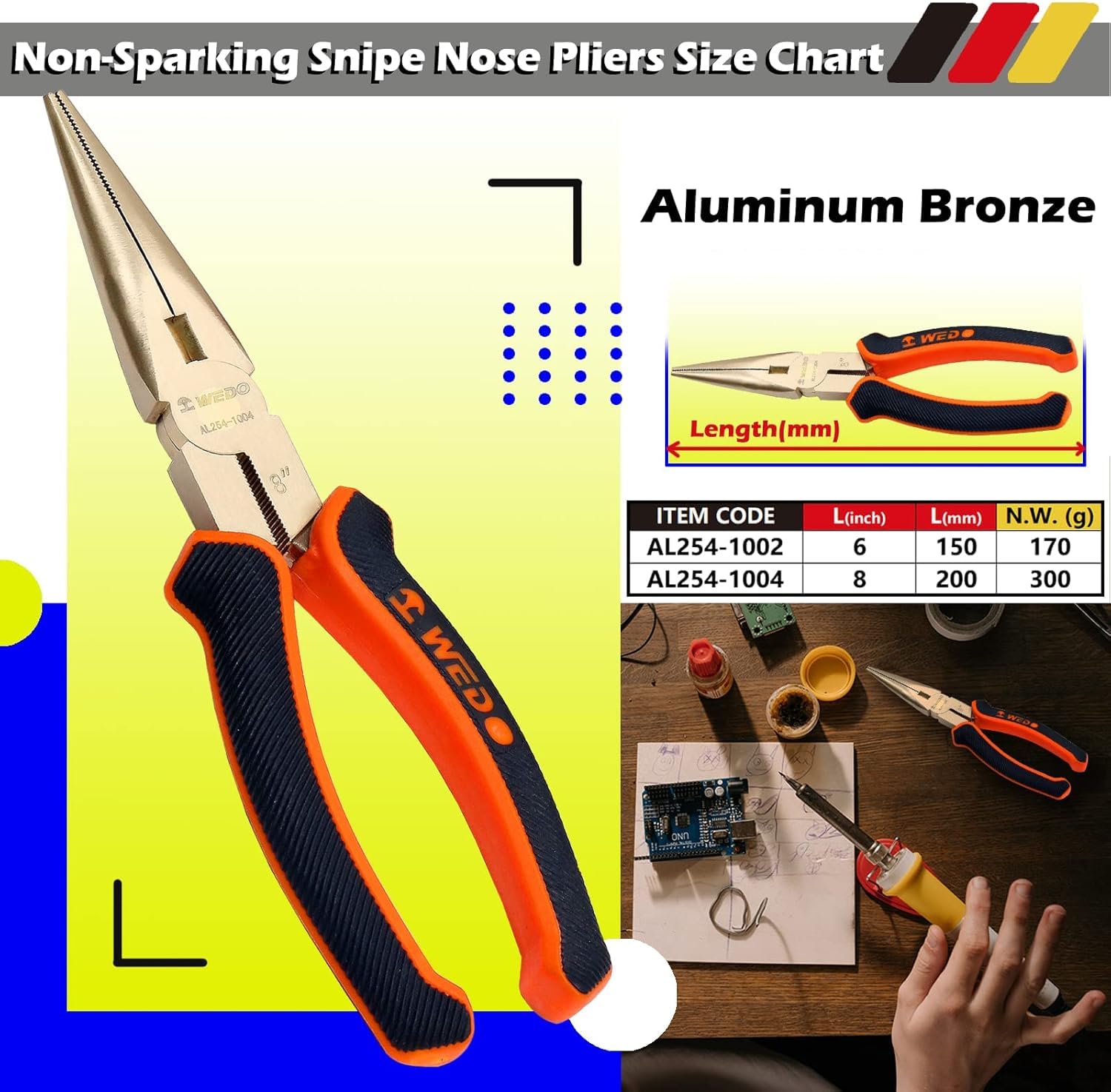 WEDO Szczypce igiełkowe nieiskrzące, precyzyjne szczypce długie 150 mm, szczypce z obcinakami do drutu, certyfikat BAM i FM, brąz aluminiowy