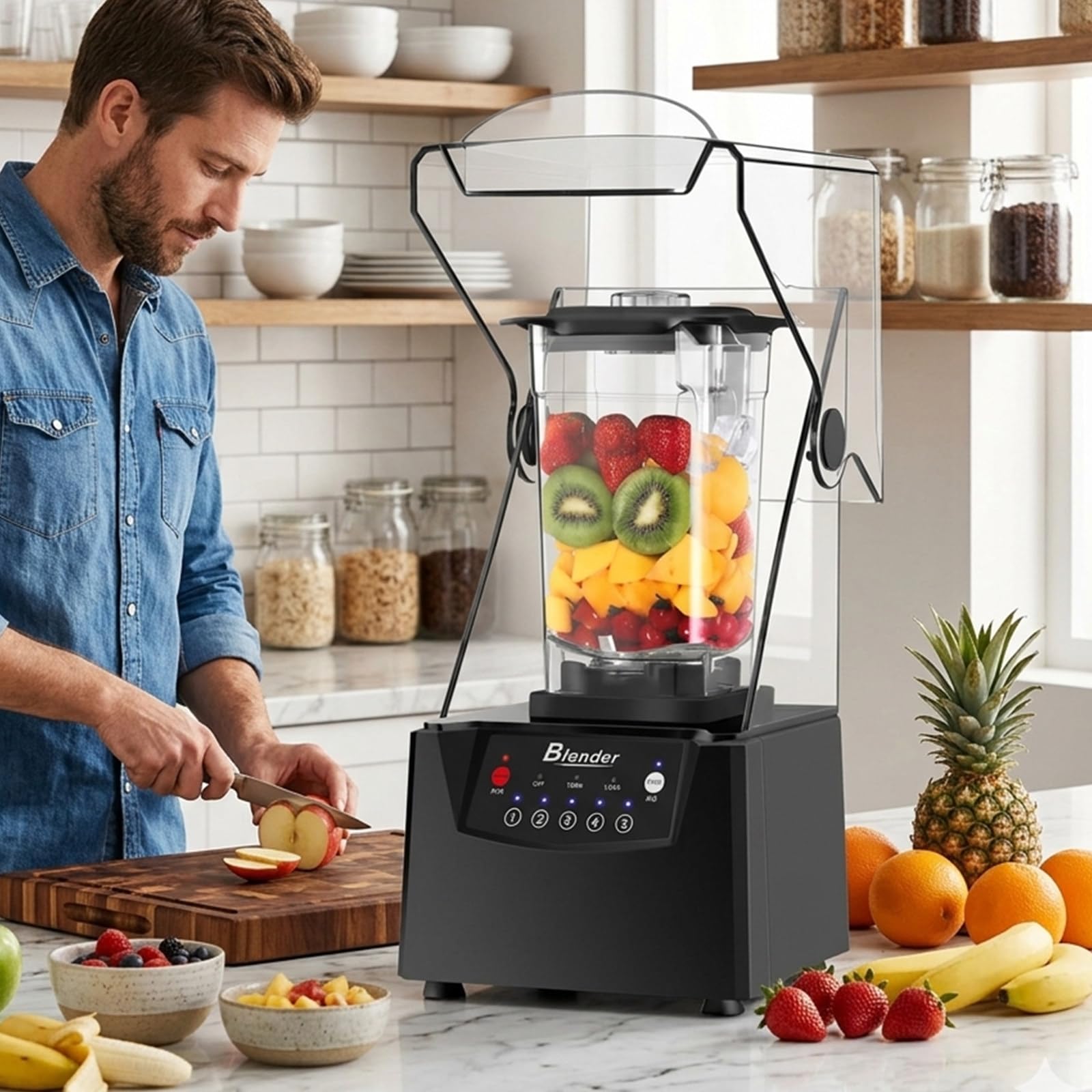 Leiser Mixer mit Geräuschminderungsschild, 2200W Kommerzieller Smoothie-Mixer und Eiscrusher, 68oz-Krug mit 6-Flügel-Edelstahlklinge für Profiküchen