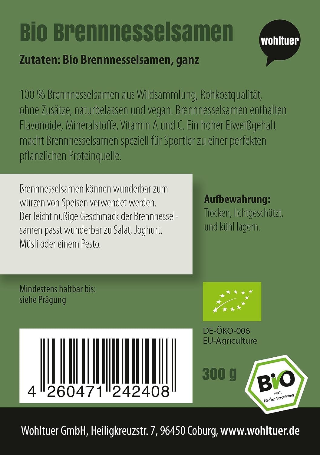 Semi di ortica biologici interamente da collezione di selvaggina europea qualificata, 2 x 300 g