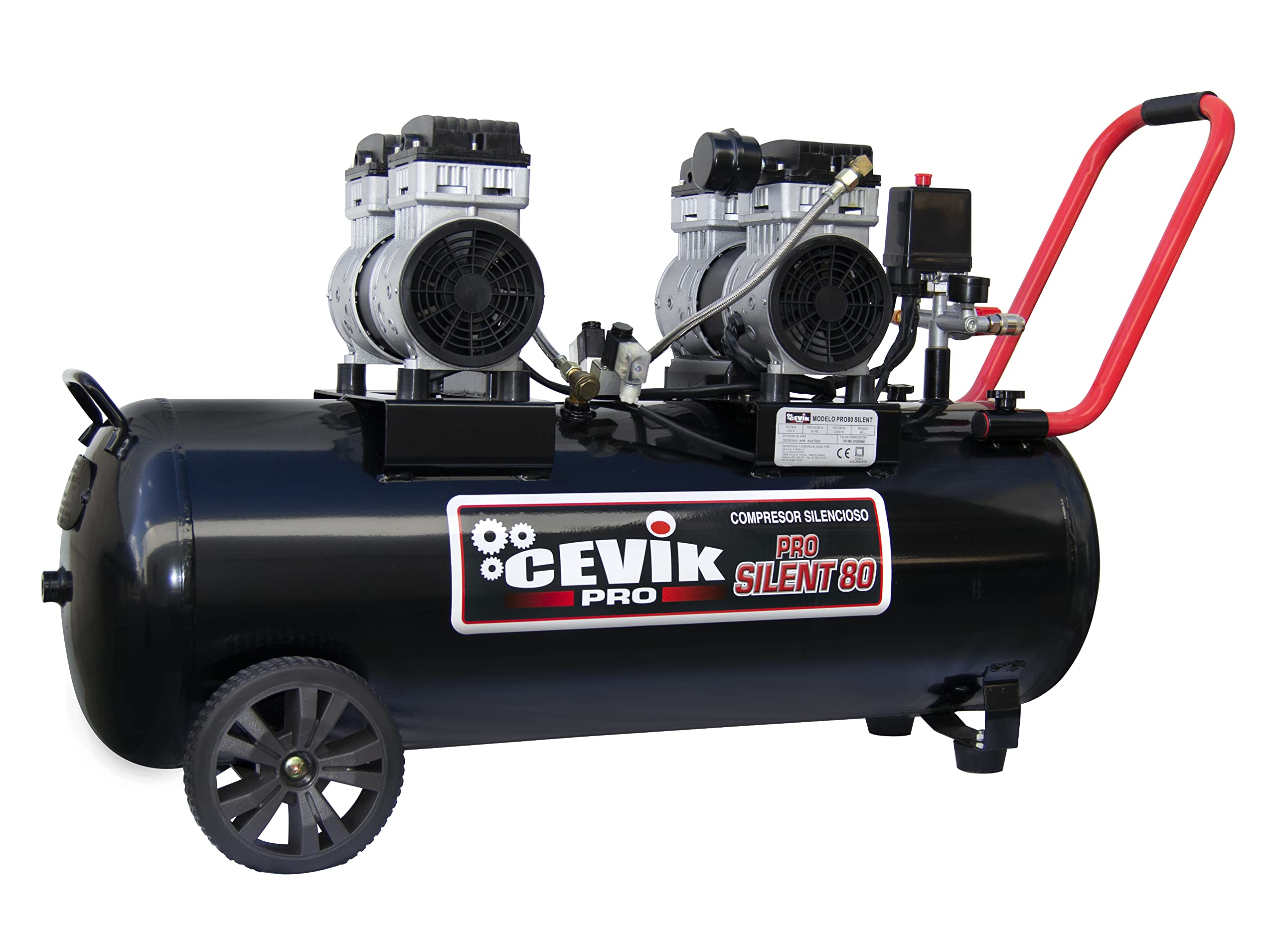 CEVIK PRO - CA-PRO6SILENT - Compressore d'Aria Silenzioso - 62 dB - Capacità 6 Litri - Motore 1HP - Pressione Max 8 Bar - Portata 110 l/min - Senza Olio - Senza Manutenzione - Compatto e Portatile