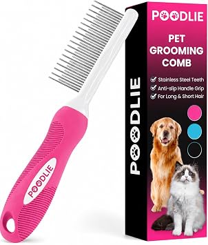 Poodle Pet Detangling Pet Comb with Long & Short Stainless Steel Teeth for Removing Matted Fur, Knots & Tangles Detangler Tool Accessories for Safe & Gentle DIY Dog & Cat Grooming Pink