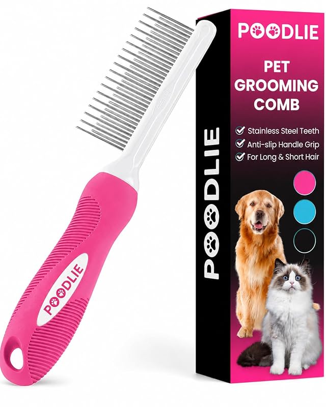 Pente desembaraçador para cães e gatos com dentes longos e curtos em aço inoxidável POODLIE Pink