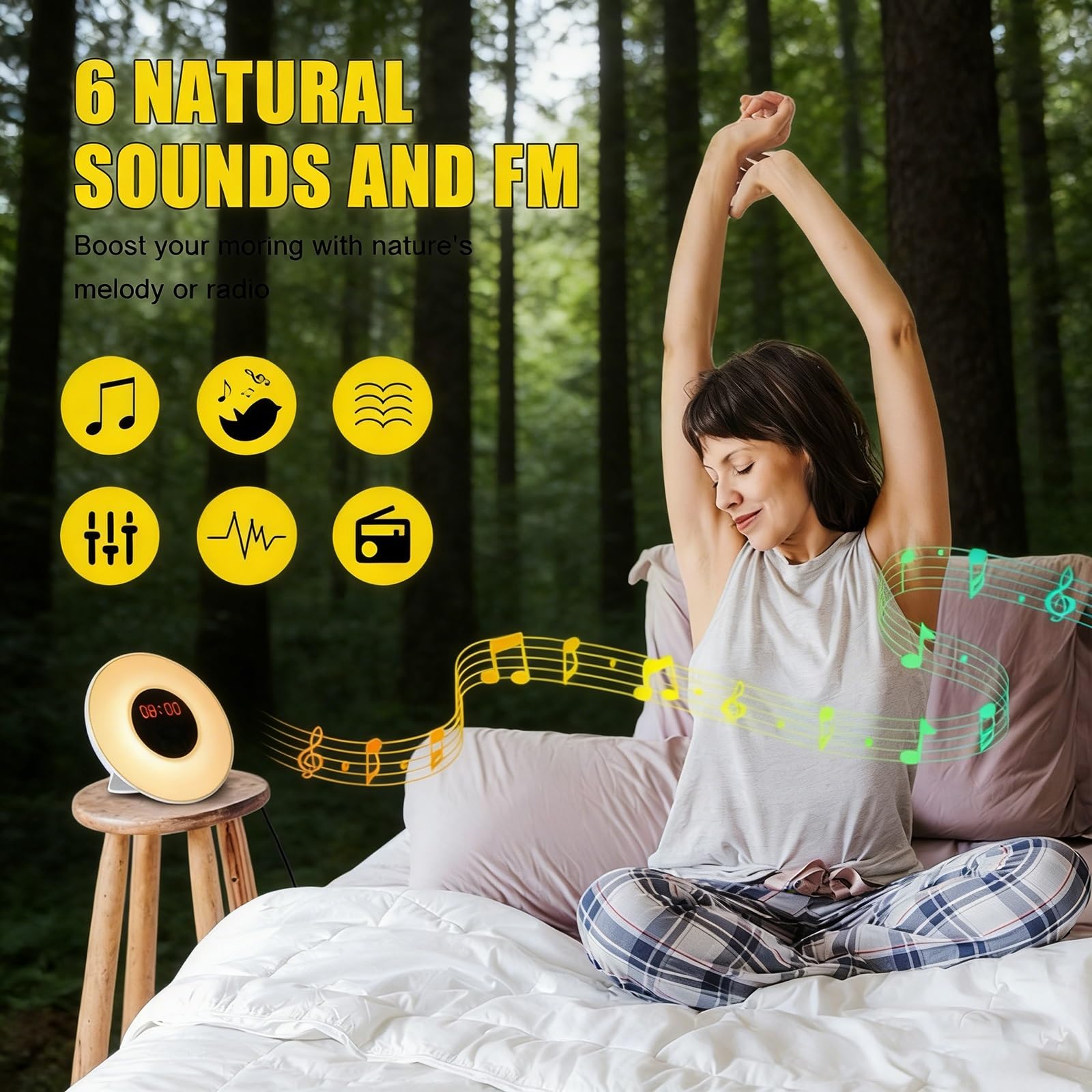 Réveil Lumineux Sunrise Alarm Clock, Lumière Naturelle et 6 Sons De La Nature avec Radio FM, Fonction Snooze, Lampe D'ambiance Multicolore pour Chambre à Coucher, Compact