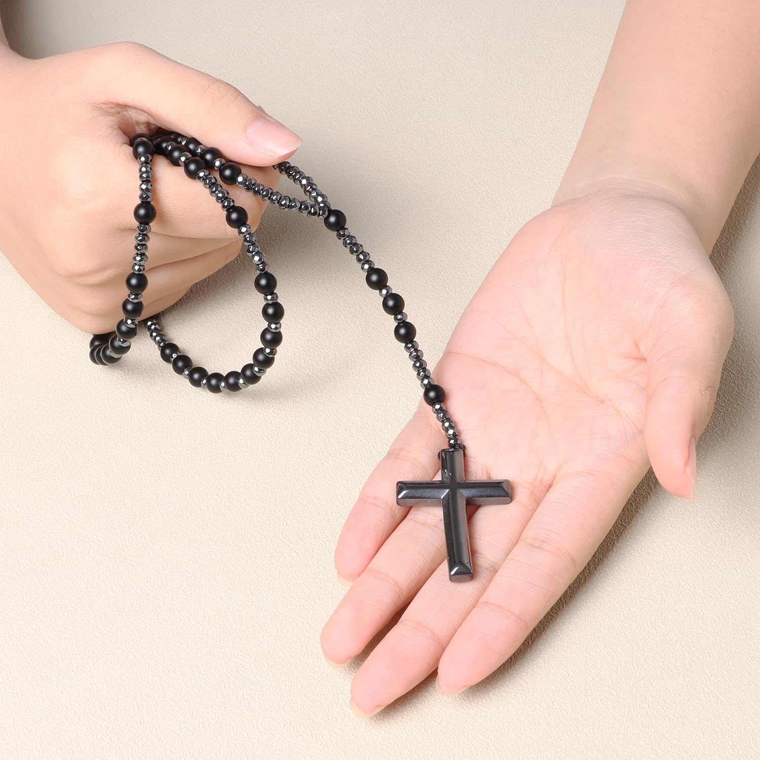 Rosary Beads Catholic, 8mm-10mm Black Onyx Obsidian Hematite Cross Pendant Rosary Necklace, Christ Healing Crystal Triple Protection Necklace Catholic Gift for Men Meditation Jewelry (Matte Black) - Image 4