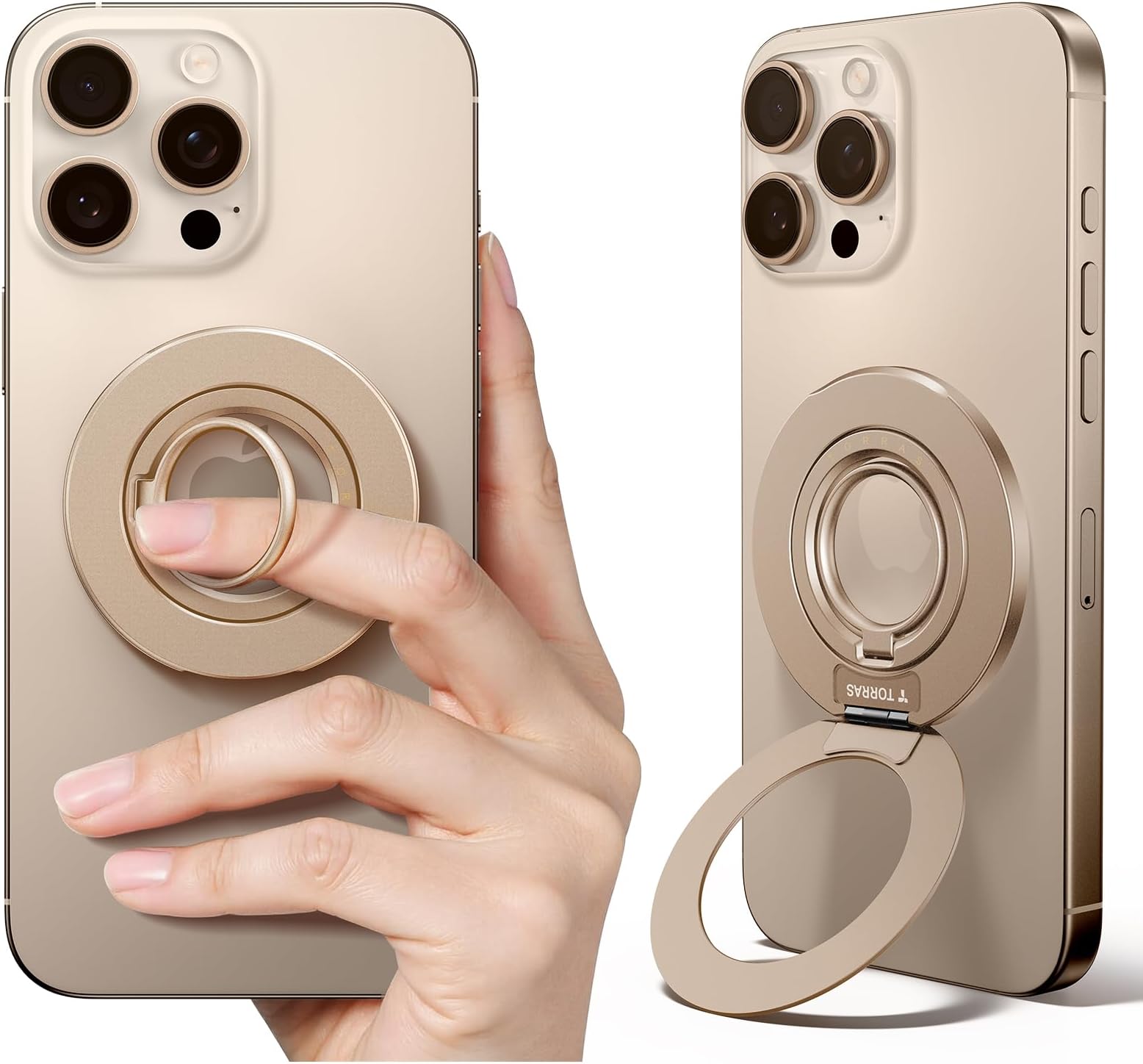 TORRAS 2025 Newest Thin Fit for MagSafe Phone Grip Ring Holder [Dual-Ring] Compatible with MagSafe Kickstand Magnetic for iPhone 16/15/14/13/12/11 Samsung, Google Accessories, Desert Titanium Gold