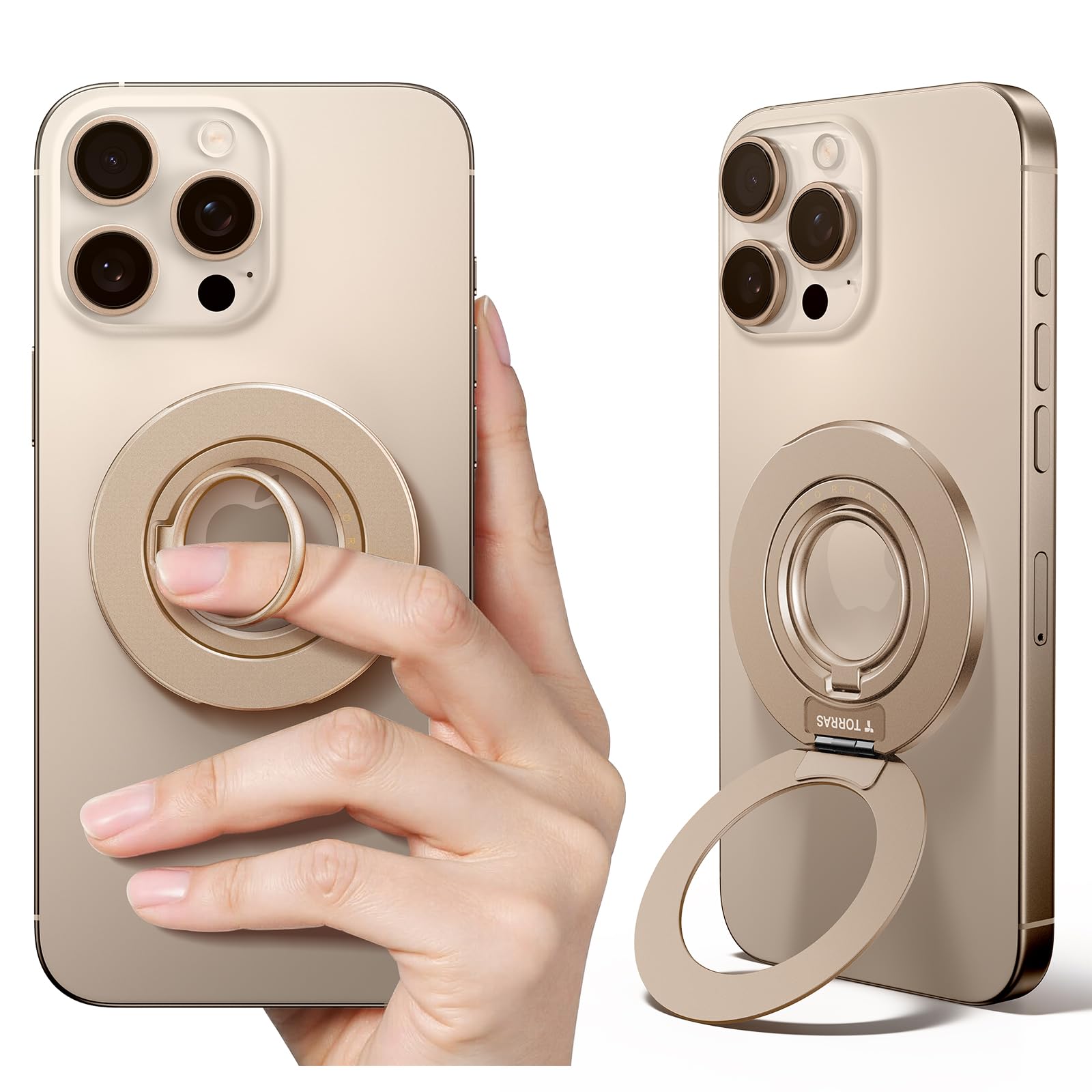 TORRAS 2025 Newest Thin Fit for MagSafe Phone Grip Ring Holder [Dual-Ring] Compatible with MagSafe Kickstand Magnetic for iPhone 16/15/14/13/12/11 Samsung, Google Accessories, Desert Titanium Gold