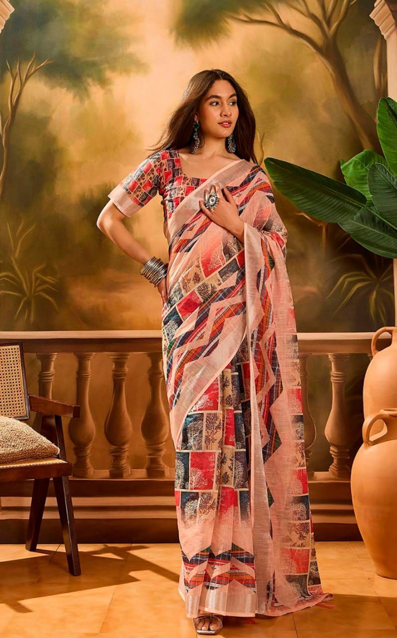Women's cotton pinted Linen Saree, Peach, Multicolor Block Print, Casual Ethnic Wear