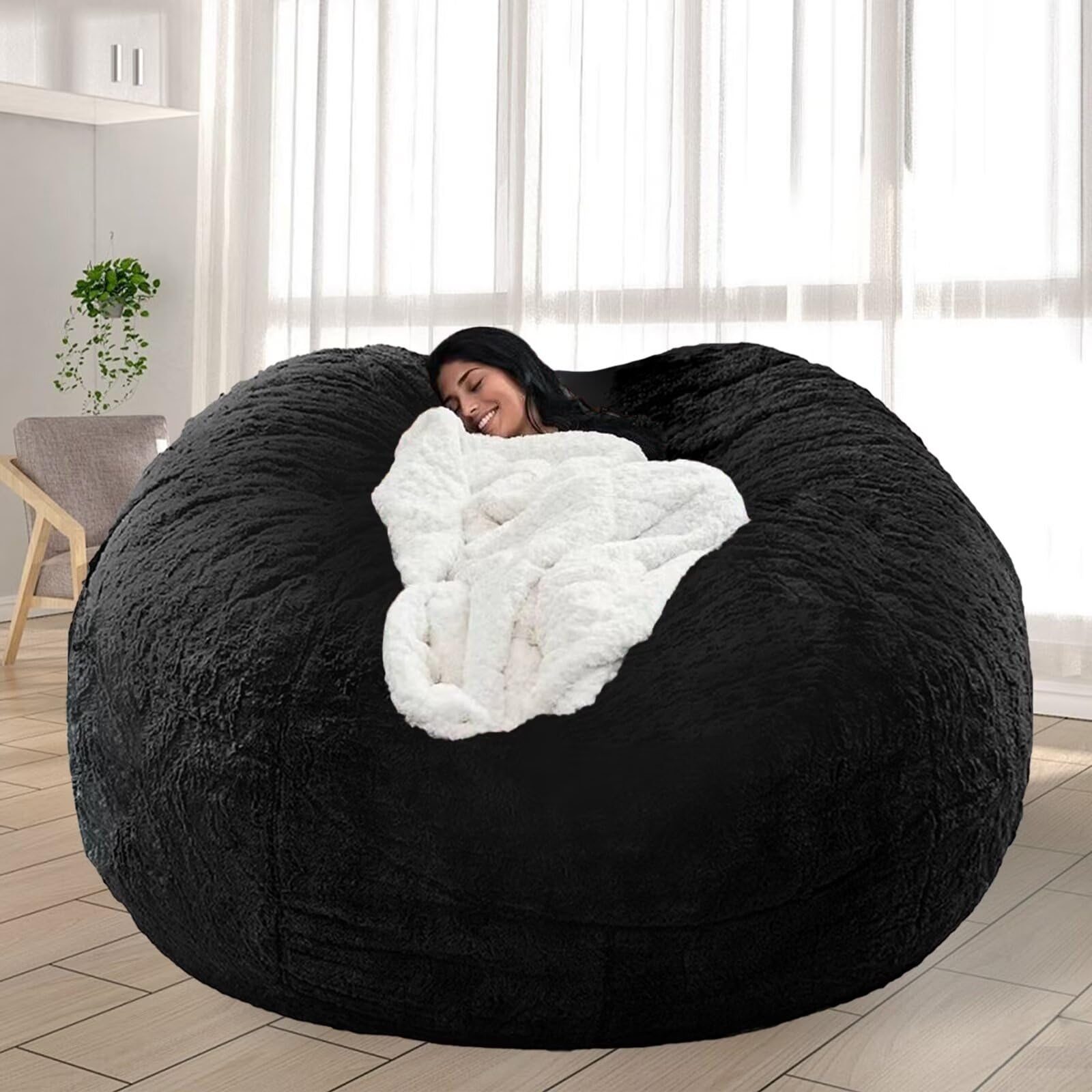 FIEATES 7FT Bean Bag Chair for Adults Kids No Filler Soft Oversized Round Giant Beanbag Chair Lazy Sofa Reading Chair Cover, Black
