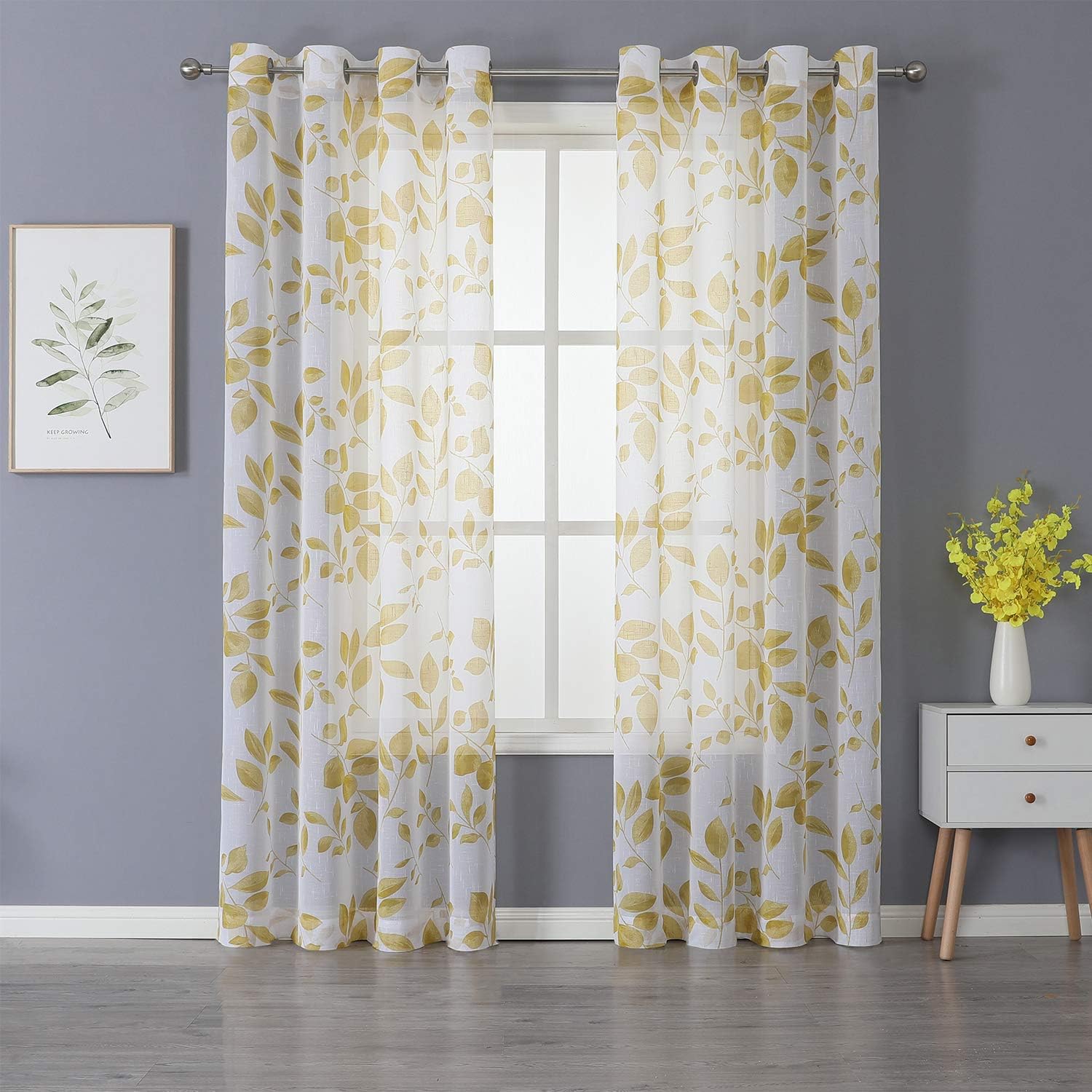Haperlare Sheer Curtains for Living Room, Tailored Leaves Design Window Draperies for Bedroom Quatrefoil Floral Faux Linen Textured Grommet Voile Drapes, 52" W x 63" L, 2 Panels, Yellow