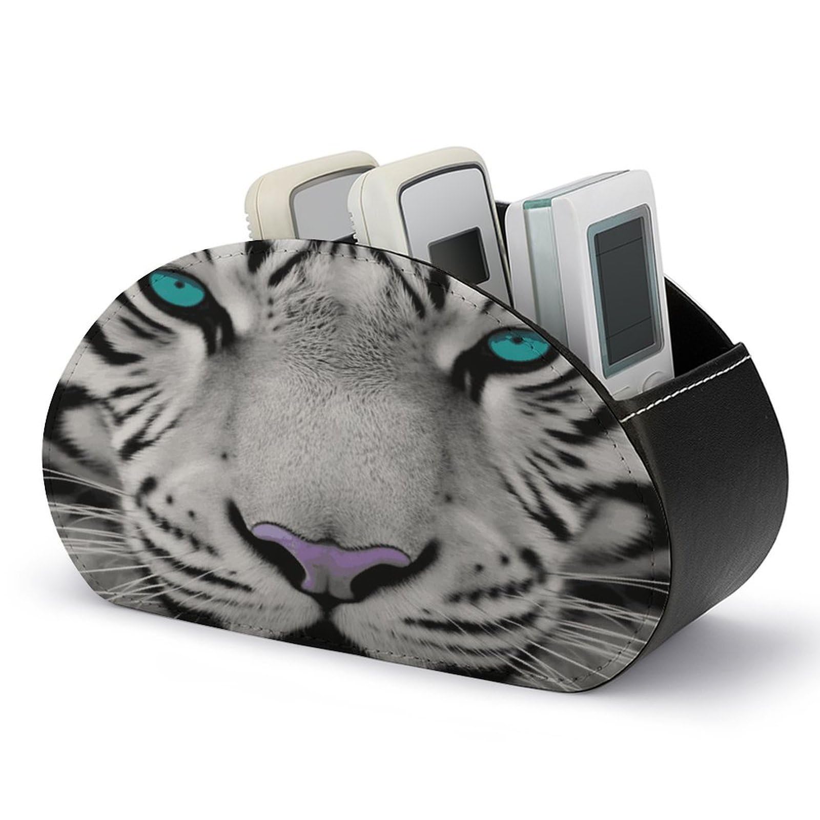 JTREHY Tiger Teal Eyes Remote Holder 5 Compartments Remote Caddy Tray PU Leather TV Remote Control Storage Box Bedside Table Storage Organizer Office Desk Storage Case
