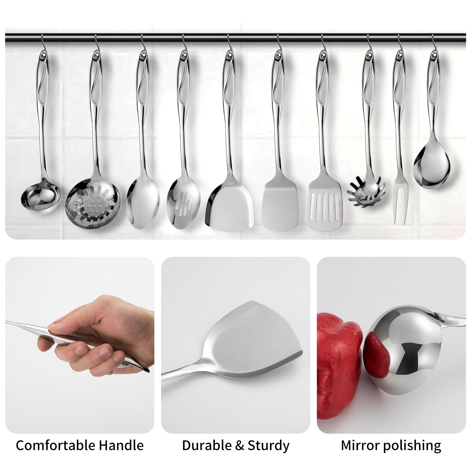 Juego de utensilios de cocina de acero inoxidable 304, 10 piezas de utensilios de cocina de metal, juego de utensilios de cocina y utensilios de cocina pulidos con espejo, apto para lavavajillas