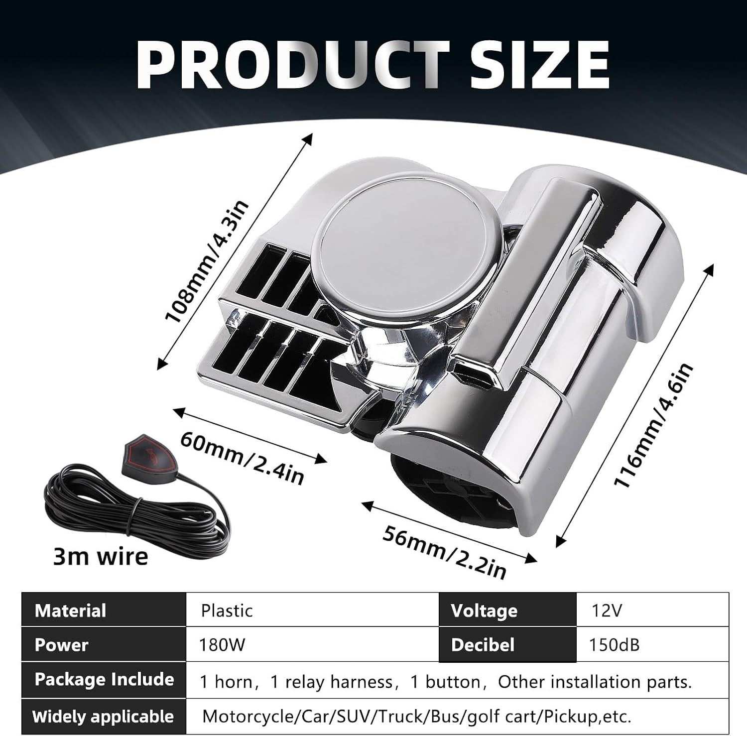 Motorcycle Air Horn Kit 12V 150db Super Loud Car Horn, with Air Compressor and Wiring Harness, Suitable for Any 12V Vehicle/Train/Truck/Motorbike/Boat/Pickup (silvery with button)