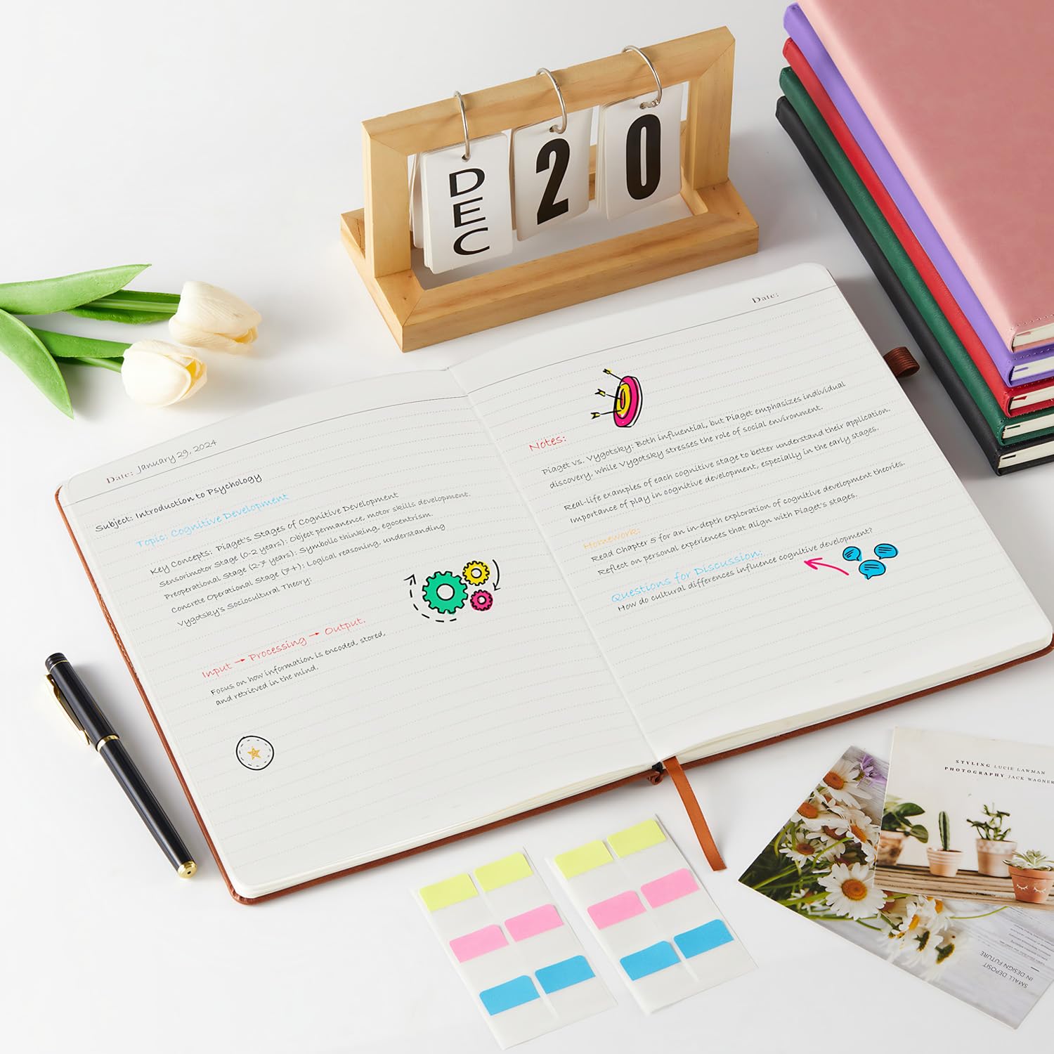 FOCUS DAY Taccuino A4 con copertina rigida, (2 pezzi), formato A4, per donne e uomini, per scrivere, formato A4 (21,5 x 28 cm), con carta a righe da 100 g/m², portapenne, copertina in pelle PU, blu e