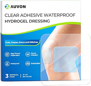 AUVON Hydrogel Burn Dressings 4" x 4" for Instant Cooling Relief & Moist Healing, Adhesive Burn Pads for 1st-2nd Degree Burns, Cuts, Abrasions, Waterproof Wound Dressing for Home First Aid Kit, 3 Pcs