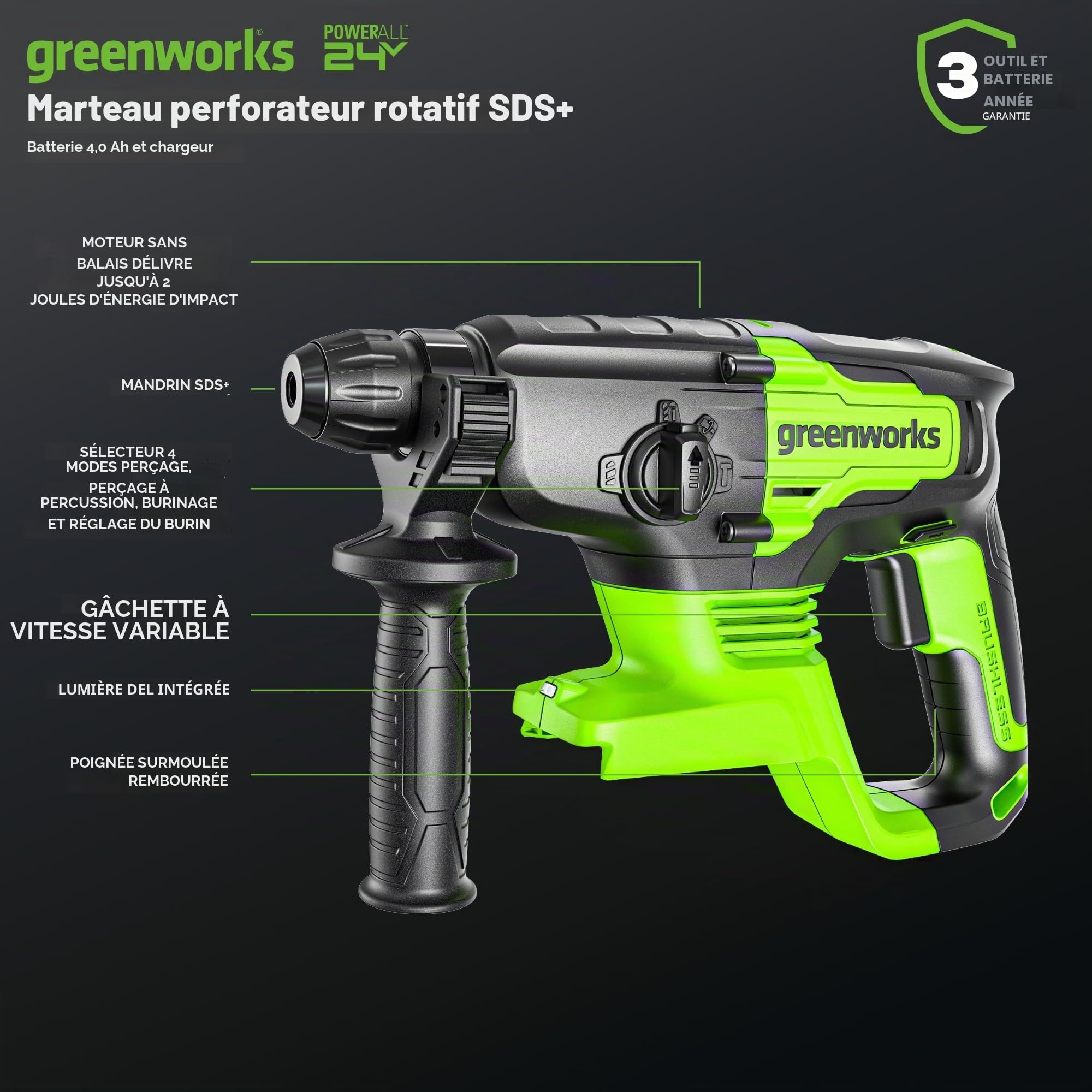 Greenworks Marteau perforateur 24 V 2J et visseuse à percussion Combo 300 Nm, avec batterie 4 Ah et chargeur