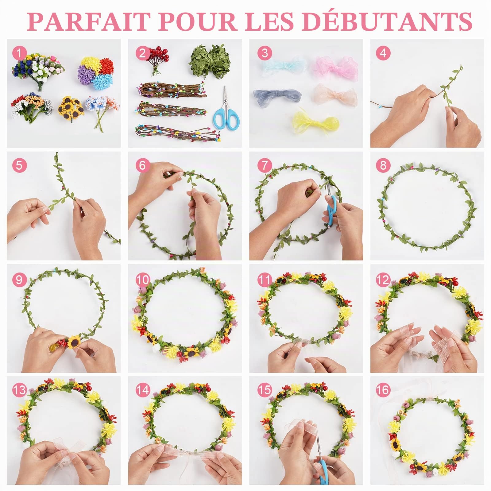 INFUNLY Lot de 20 couronnes de fleurs faites à la main,Kit de fabrication de couronne florale pour faire votre propre couronne de fleurs,Accessoires pour cheveux,Cadeau pour fille/adolescent/femme