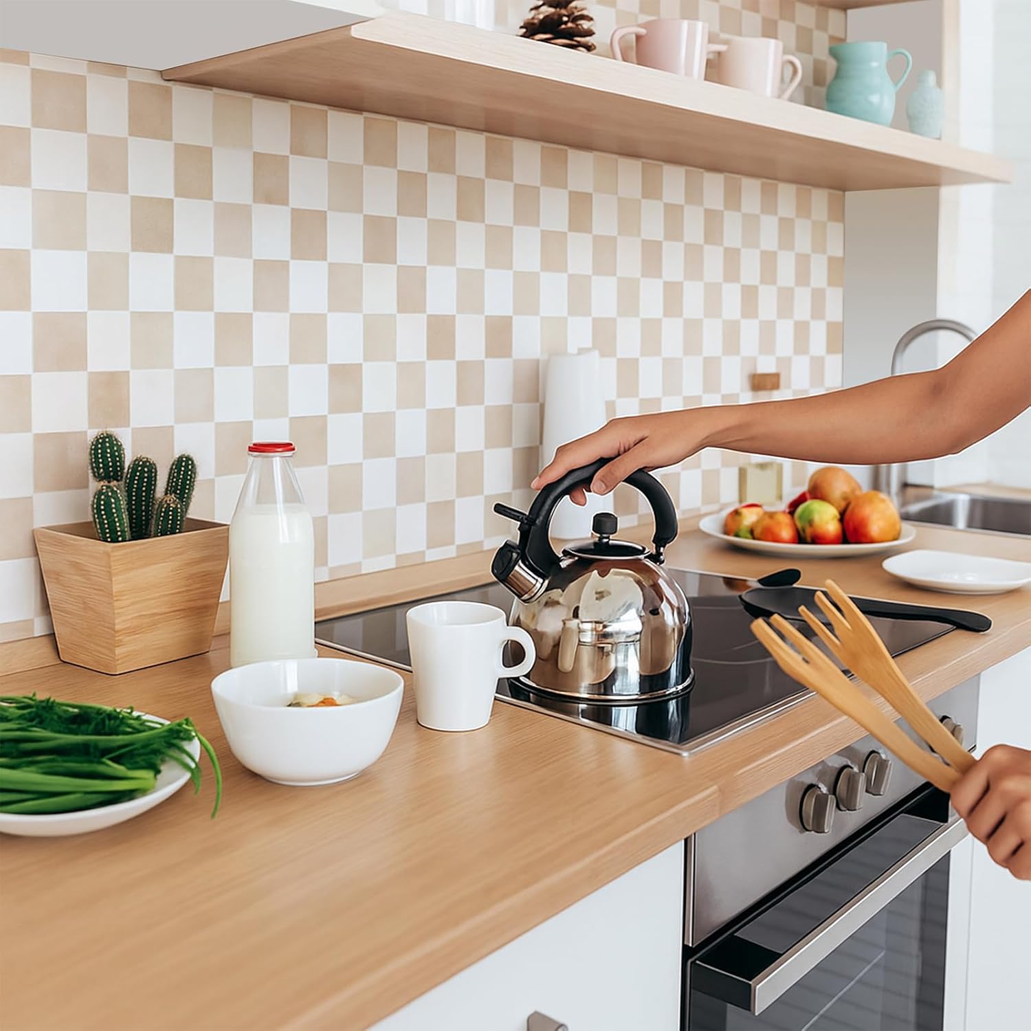 10 Pcs Heavy-Duty Peel and Stick Backsplash Kitchen 3D Adhesive Peel Stick Tile Waterproof Backsplash Renter Wall Tile for Bathroom Fireplace (Checkere D 11.8" X 11.8",Beige,Brown)