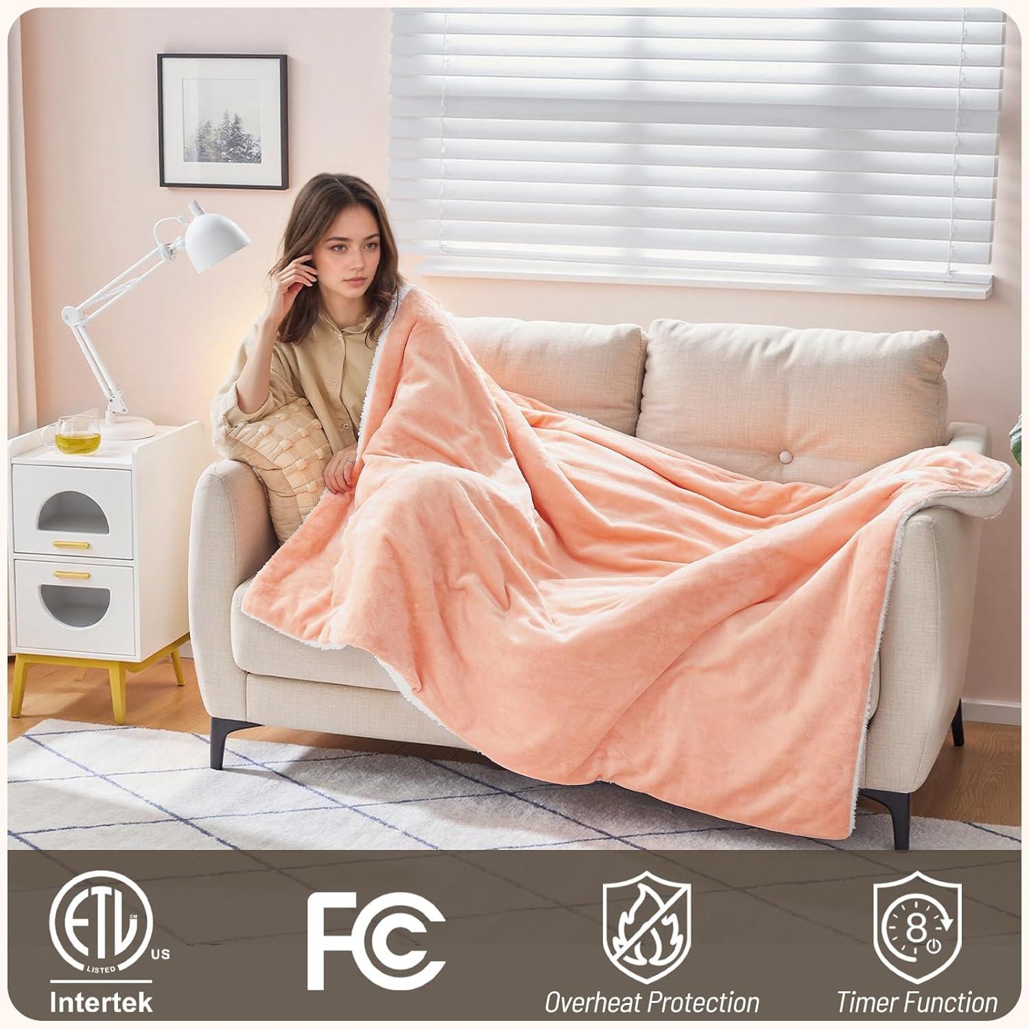 Electric Heated Blanket Throw 50"x60" - Soft Cozy Flannel & Sherpa Fabric Dual-Sided, 9 Heat Settings & 10H Auto Off, Warming Heated Throw for Home Office, Machine Washable, Light Coral Pink - Image 6