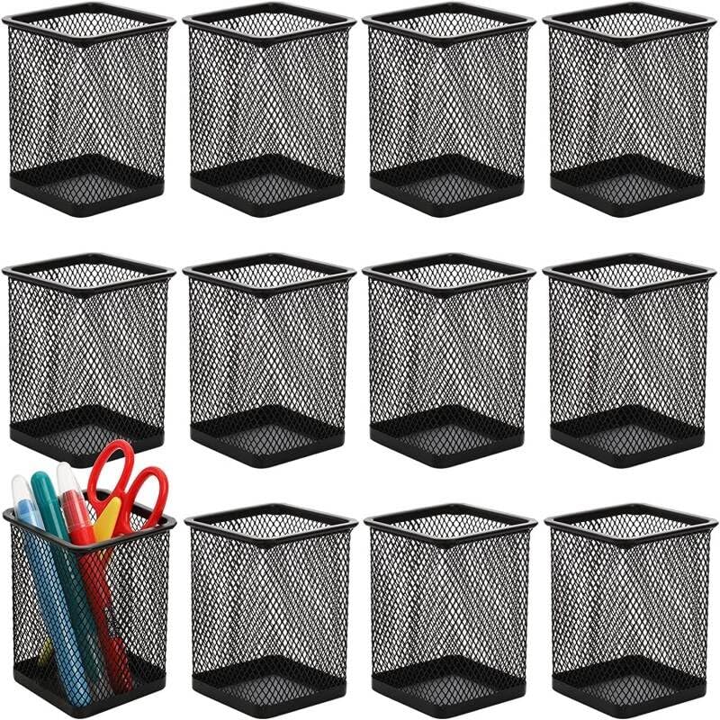 Bryze 12-Pack Metal Pen & Pencil Holders – Square Mesh Desk Organizers, Durable Black Epoxy Coated, Industrial Design for Classroom, Office, Teachers & Students