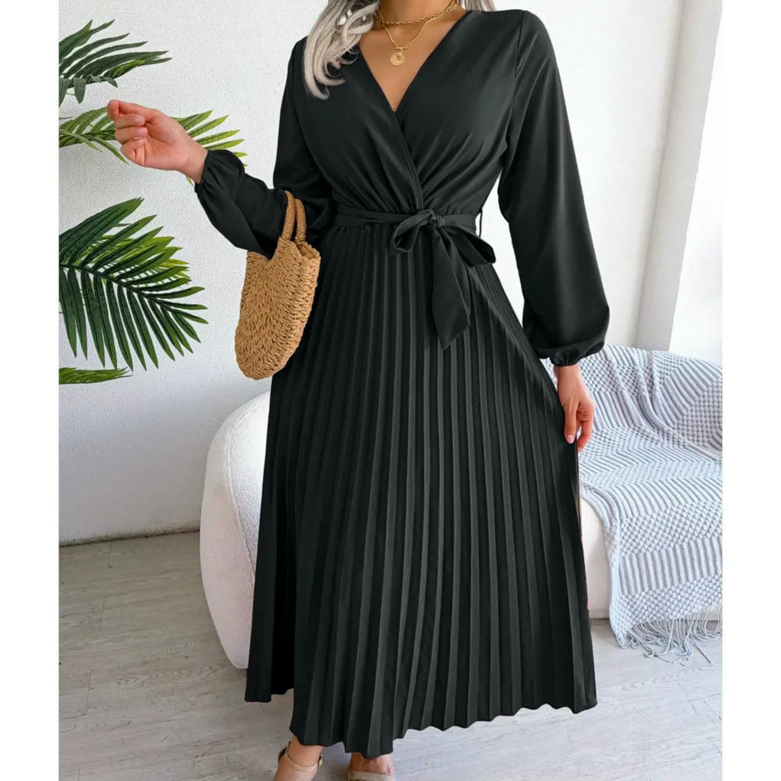 Vestiti a Maniche Lunghe Abito Autunnali da Donna, V-Scollo Cross-up Colori, Elegante Maxi Pieghe, Vestito Lungo Grande Swing, di Moda Casual