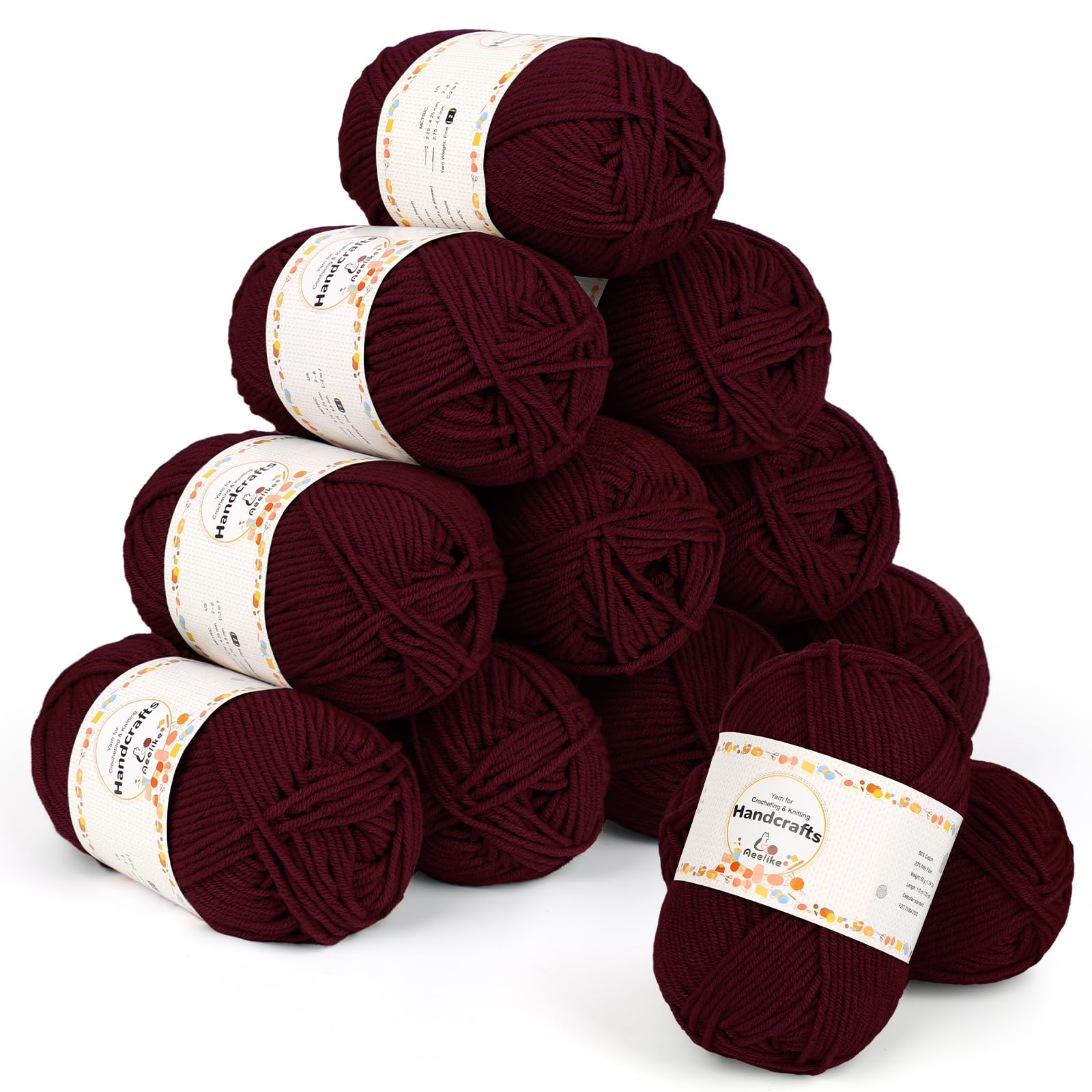 Aeelike 600 g (12 x 50 g) Acrylic Wool for Knitting, 5Ply Acrylic Cotton for Crocheting, Cotton Yarn Wool Colourful Set for Beginners, Experienced Knitters, Burgundy Red — image 1