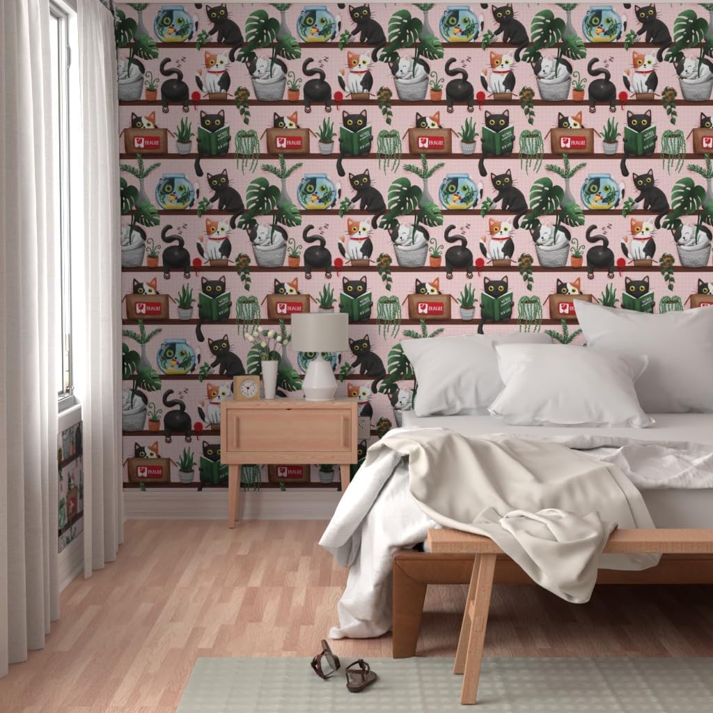 Peel & Stick Wallpaper 6ft x 2ft - Funny Cats Black Cat Calico Cats Rescue Kitties Houseplants Custom Removable Wallpaper by Spoonflower