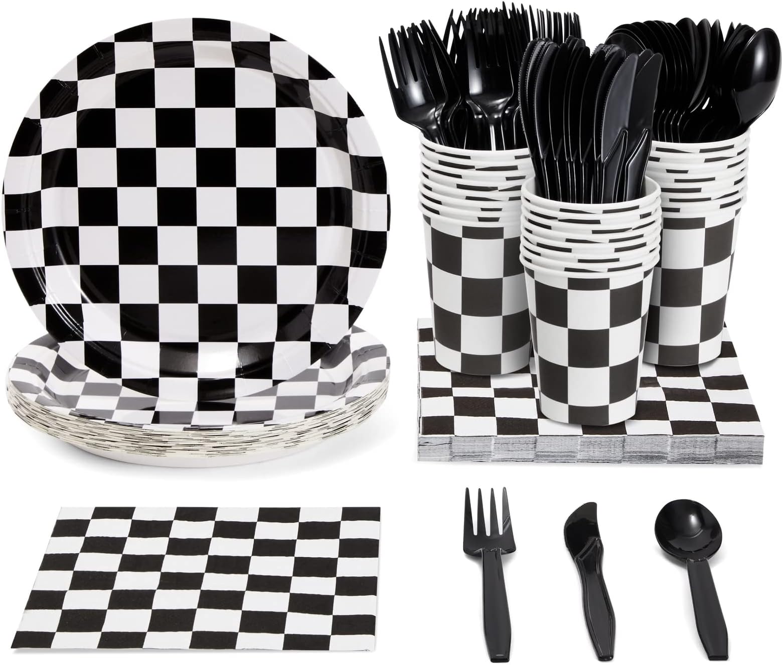 144 Piece Race Car Birthday Party Supplies, Serves 24 Guests Disposable Checkered Flag Plates, Cocktail Napkins, Cups, Cutlery, Bulk Pack Tableware for Party Decorations
