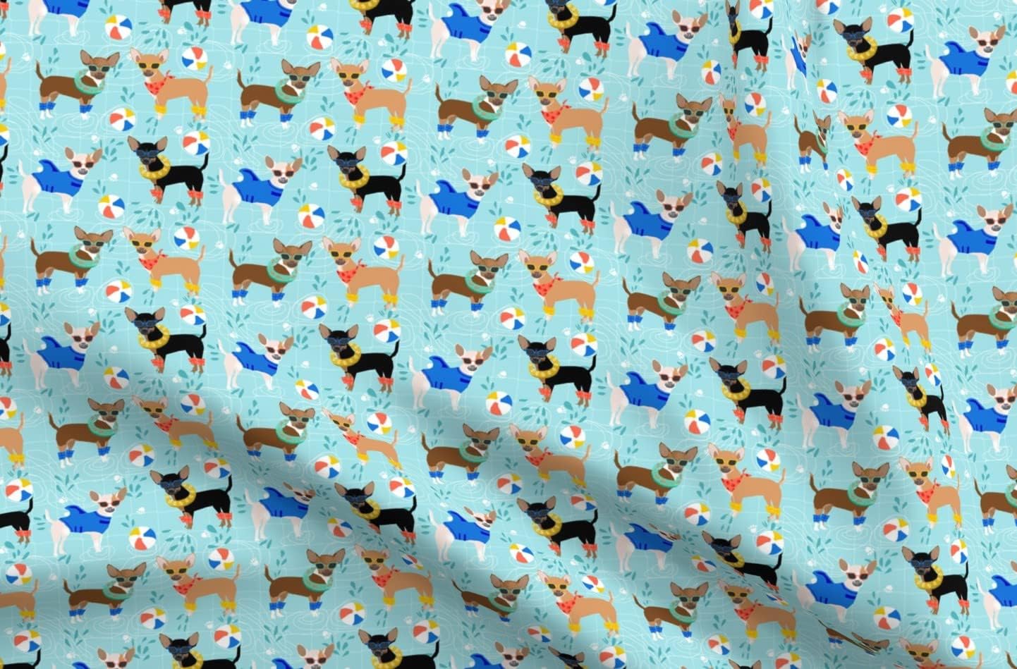 Spoonflower Fabric - Chihuahua Pool Party Summer Dogs Blue Chihuahuas Dog Pet Portrait Printed on Polartec(R) Fleece Fabric by The Yard - Sewing Blankets Loungewear and No-Sew Projects