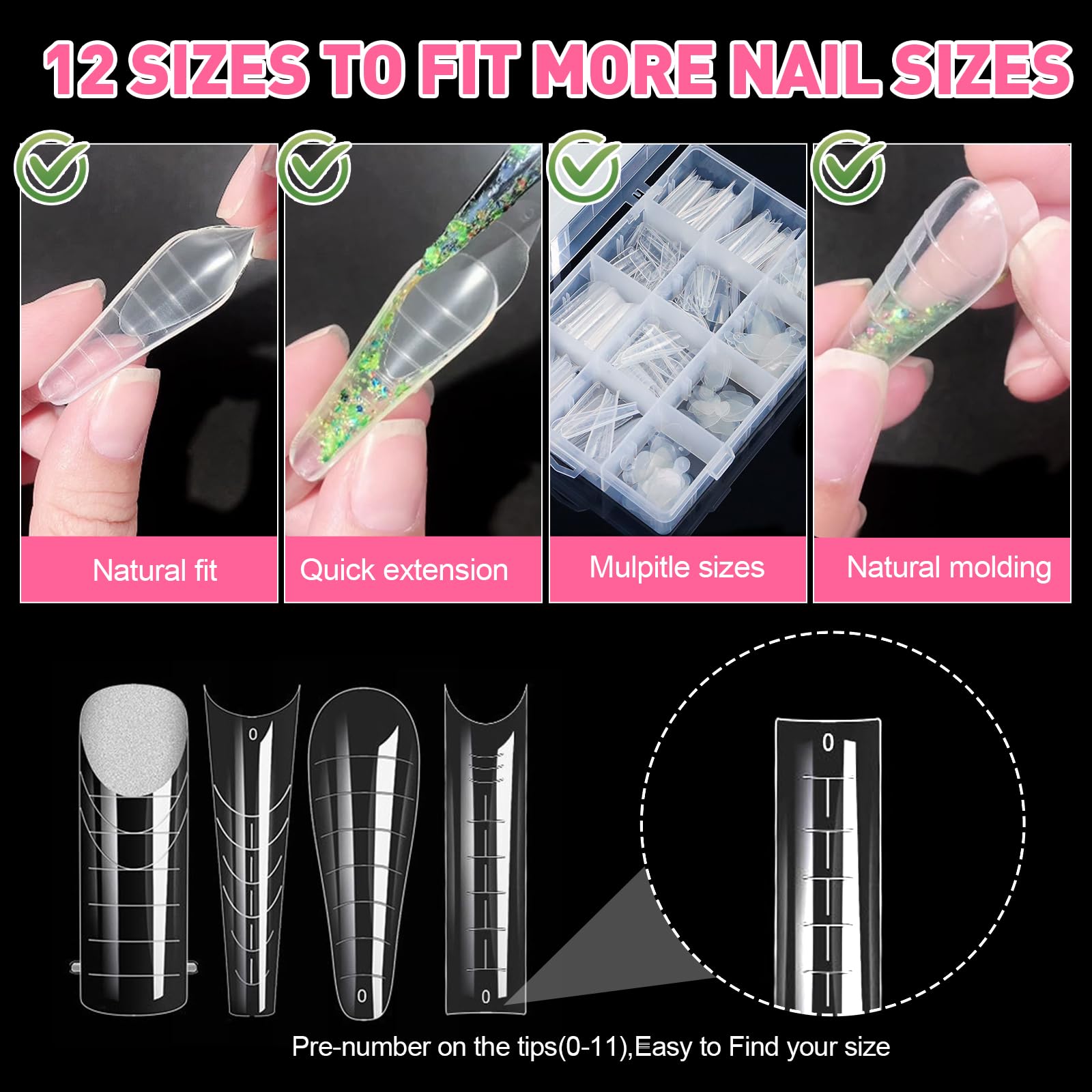 JSRQT 288 Pezzi Sistema per Unghie Dual Nail Form,Allungamento Unghie Finte Artificiali per Ricostruzione Unghie,8 Stili 12 Taglie Scala