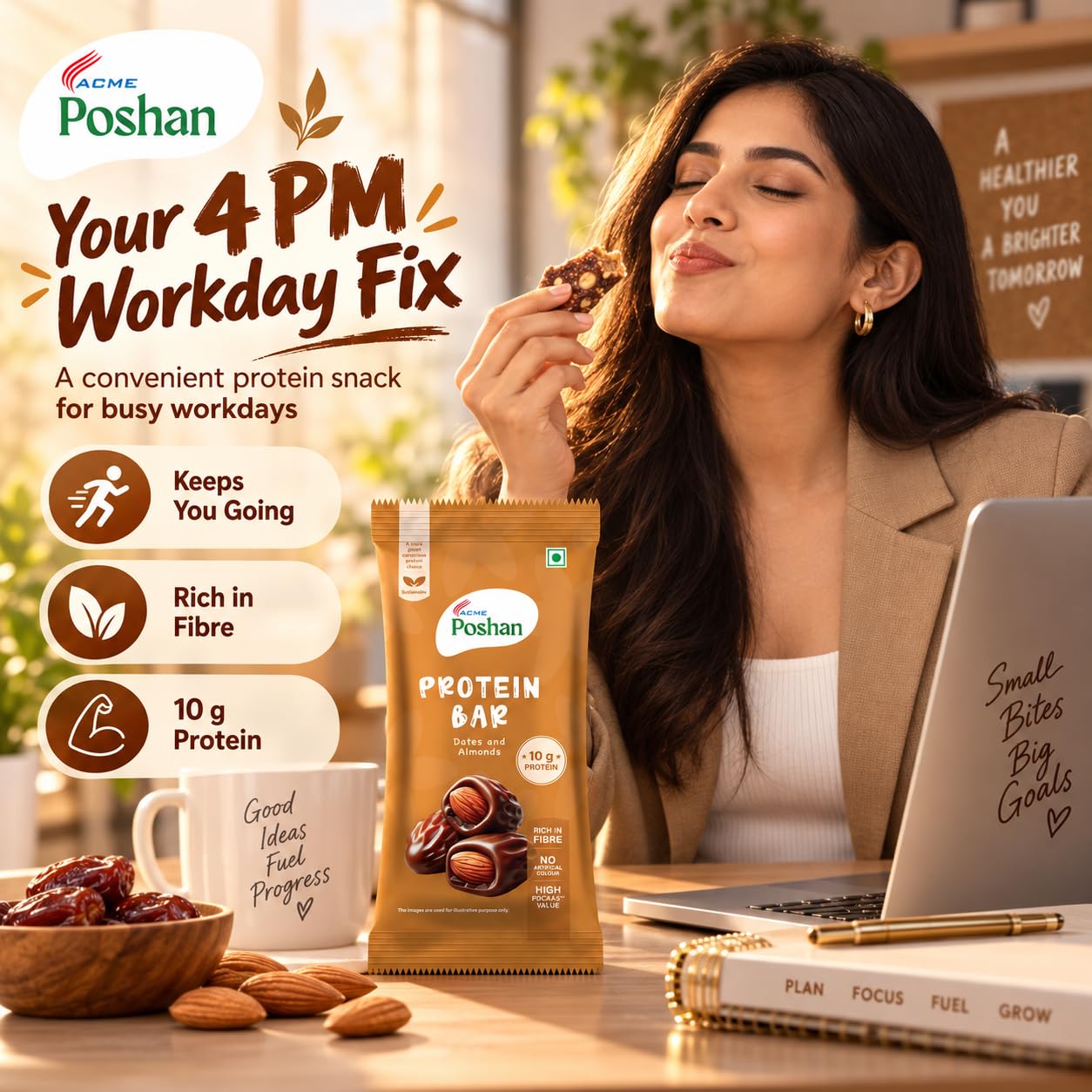 Acme Poshan Protein Bar - Dates & Almonds (Pack of 6) | 10g Yeast & Soya Protein per Bar | Healthy Snack - 300g — Amazon image 8