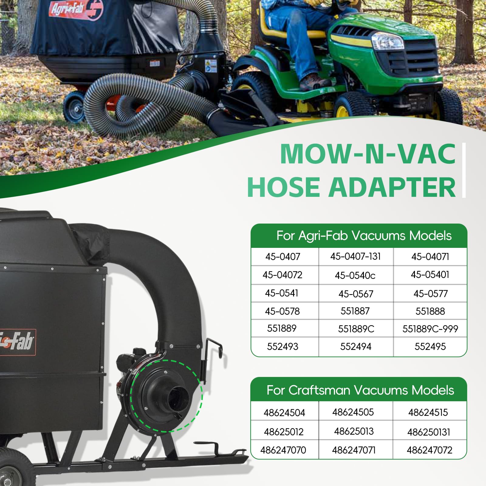Piezas de aspiradora de césped, piezas de aspiradora de césped, adaptador de manguera de vacío de hojas y piezas de repuesto para adaptador Agri Fab 43791