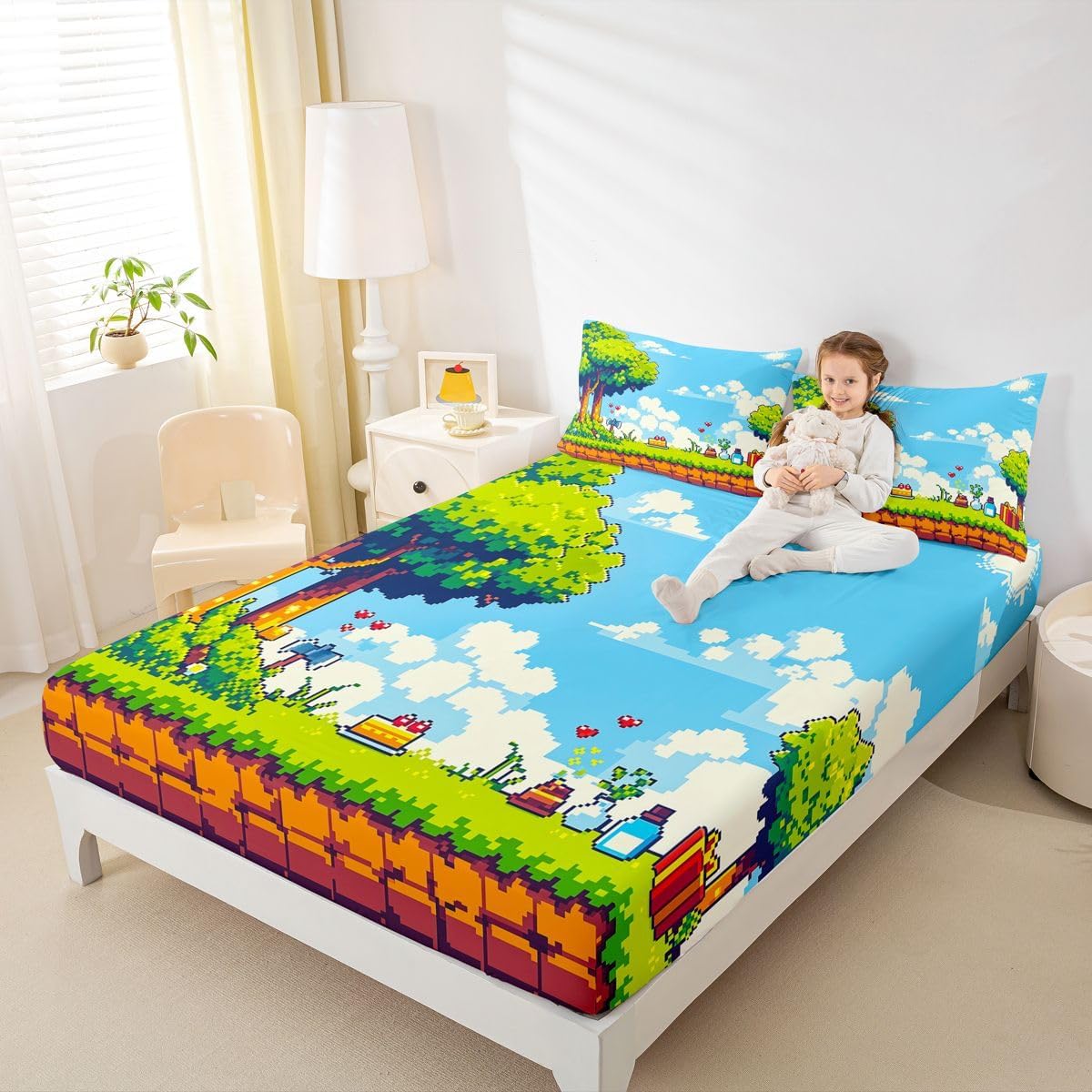 Castle Fairy Pixel Landscape Printed Teen Full Sizes,Video Gamer Polyester Microfiber Bed Fitted Sheet & Pillowcase，Pixelated Block Machine Washable Bedding,Retro Gaming All Season Bedding image 5