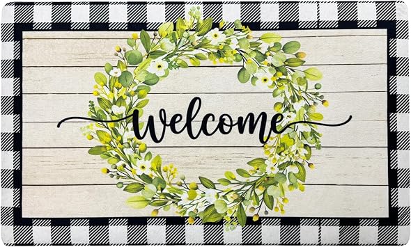 Welcome Mat 17x29 Inch Spring Summer Outdoors Indoors Front Door Mat, Low Profile Doormat for Outside Inside Home Entrance, Non Slip Rubber Back Floor Rugs for Entryway, Wreath