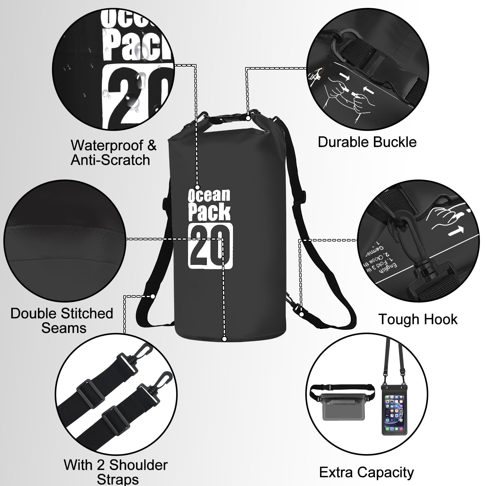 Gucass Dry Bag, 20 L Worek wodoszczelny Wodoszczelna torba regulowanym pasek na ramię, na Telefon Komórkowy, Regulowany Pasek na Ramię, na kemping, rafting, pływanie, surfowanie, Czarny