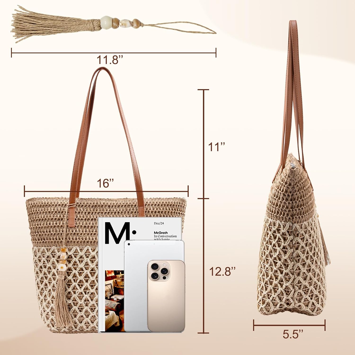 Straw Tote Bag for Women: Handwoven Beach Purse with Cutout Design for Travel & Pool Day | Lightweight, Shopping, Handbag, Summer Purse