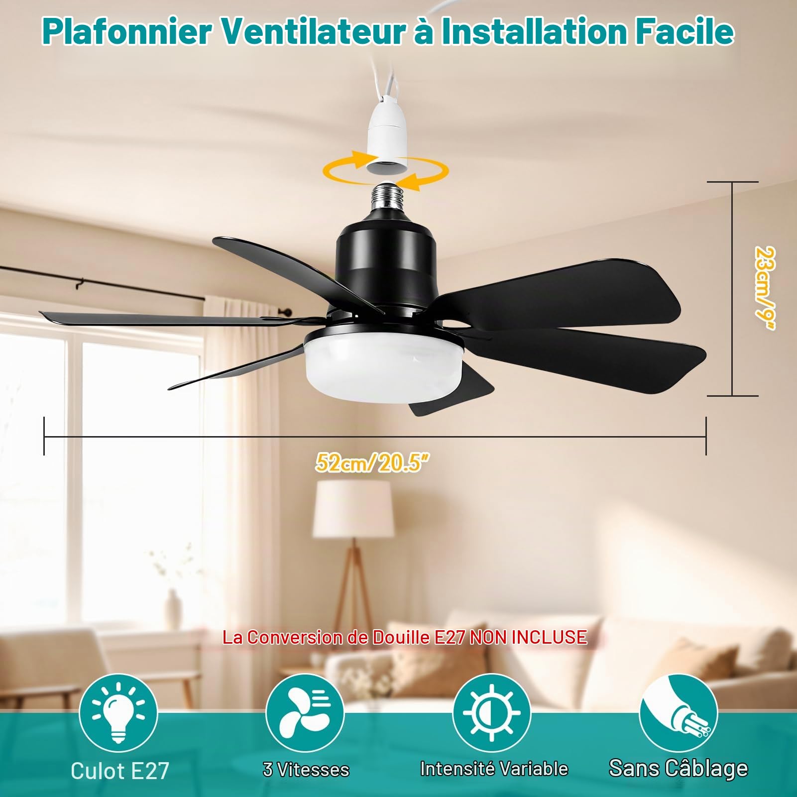 Ventilateurs de plafond avec lumières, ventilateur silencieux E27 Ø20,5 inch/53 cm, 6 pales, minuterie, 3 vitesses et changement couleur détachable pour chambre coucher salon cuisine salle bain garage